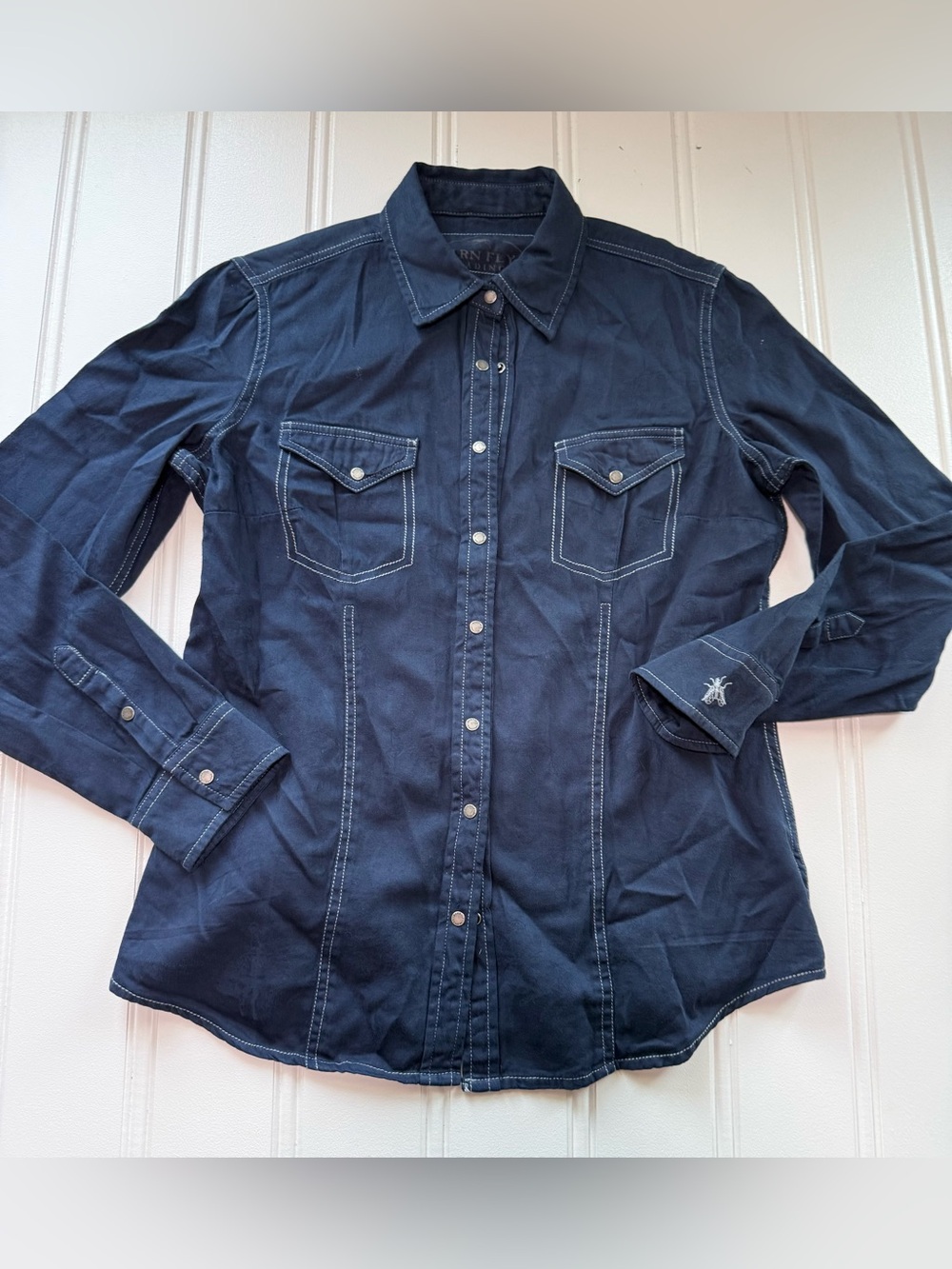 Barn Fly Trading Womens Blue Jean Denim Western Pearl Snap Shirt Medium